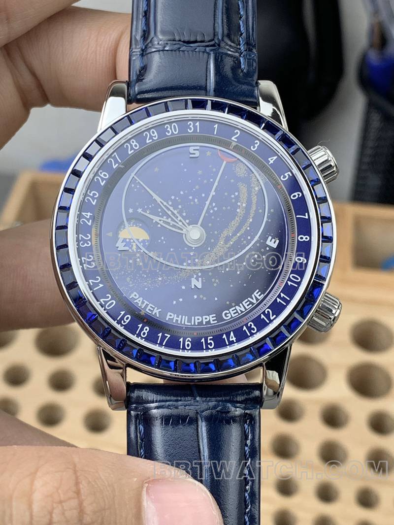 百达翡丽顶级复刻表3K厂超级复杂功能时计蓝盘蓝钻圈皮带款正面实拍图