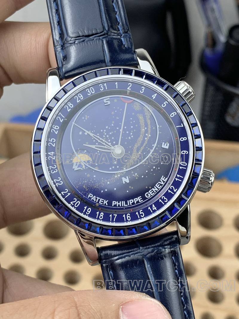 百达翡丽顶级复刻表3K厂超级复杂功能时计蓝盘蓝钻圈皮带款正面实拍图
