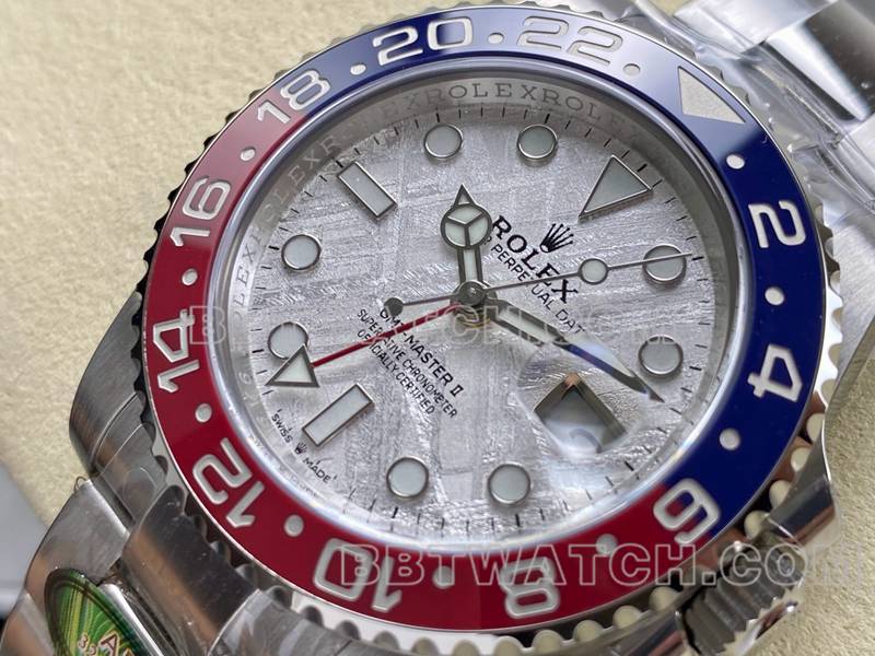 劳力士最优复刻手表ARF厂格林尼治GMT陨石盘可乐圈正面实拍图