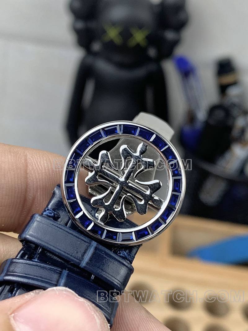 百达翡丽顶级复刻表3K厂超级复杂功能时计蓝盘蓝钻圈皮带款表扣实拍图