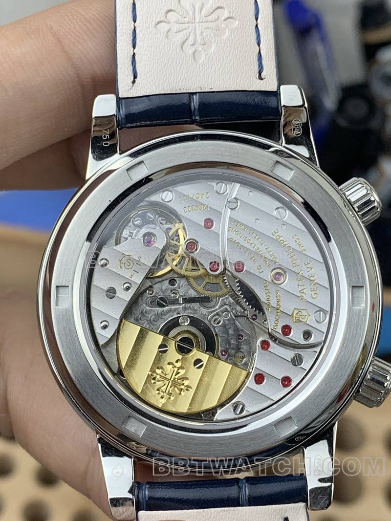 百达翡丽顶级复刻表3K厂超级复杂功能时计蓝盘蓝钻圈皮带款背面实拍图