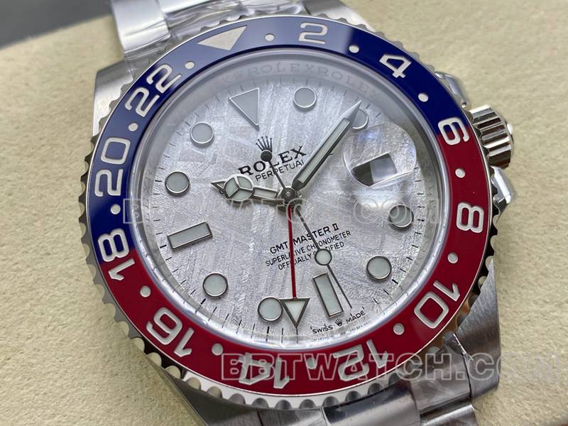 劳力士最优复刻手表ARF厂格林尼治GMT陨石盘可乐圈正面实拍图