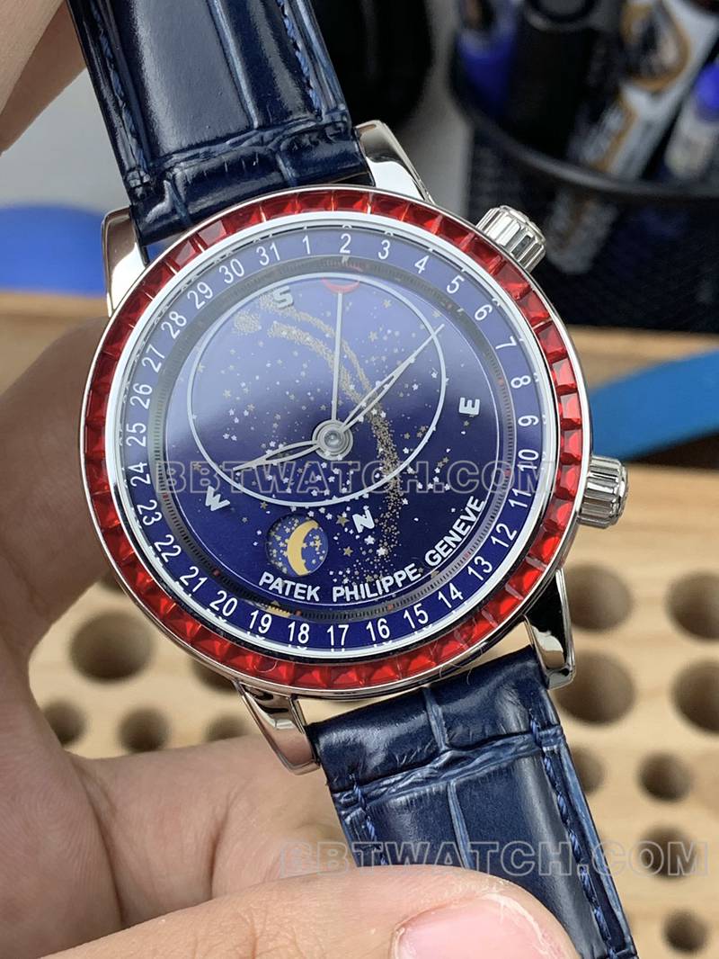 百达翡丽最优复刻手表3K厂超级复杂功能时计蓝盘红钻圈皮带款正面实拍图