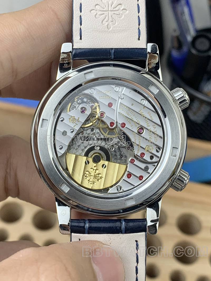 百达翡丽最优复刻手表3K厂超级复杂功能时计蓝盘红钻圈皮带款背面实拍图