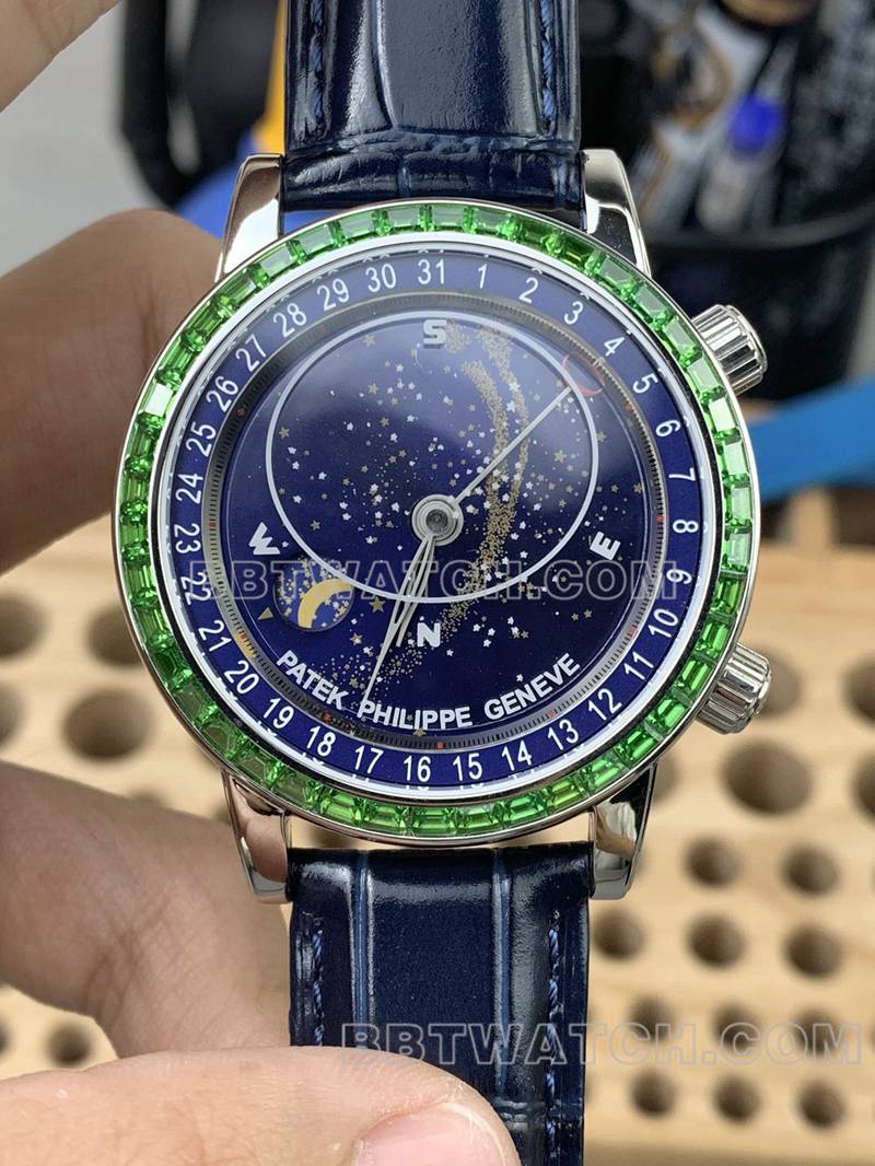 百达翡丽1:1复刻手表3K厂超级复杂功能时计蓝盘绿钻圈皮带款正面实拍图
