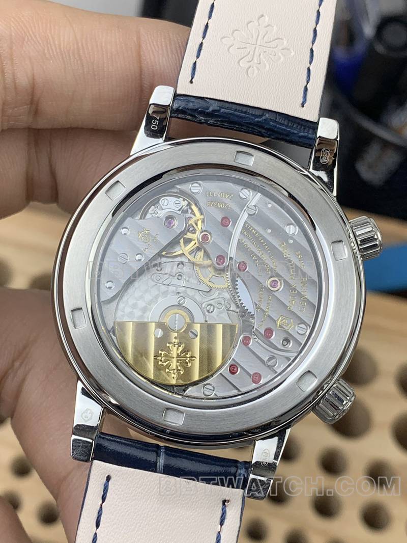 百达翡丽1:1复刻手表3K厂超级复杂功能时计蓝盘绿钻圈皮带款背面实拍图