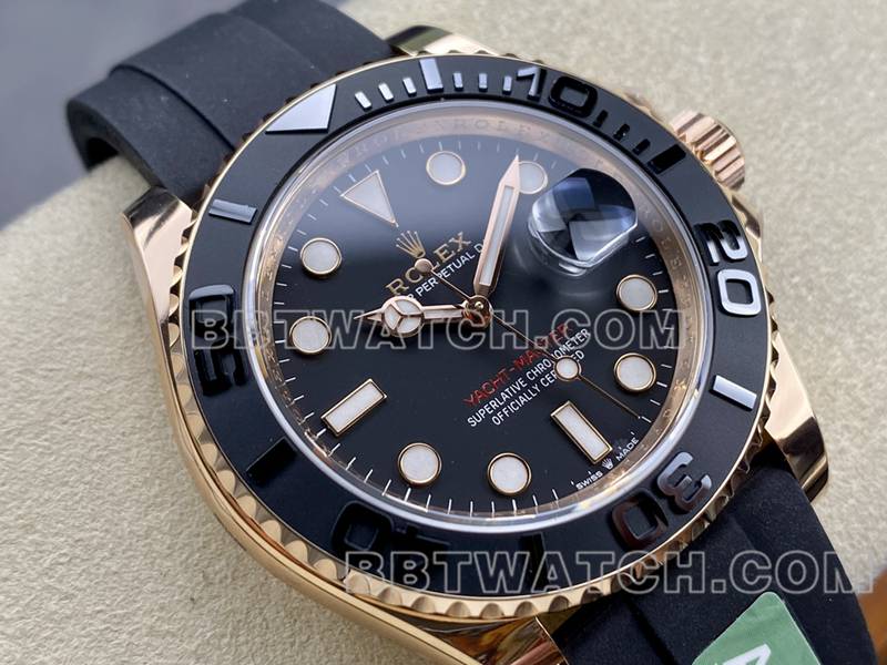 劳力士最佳复刻手表ARF厂游艇名仕黑盘玫瑰金壳42mm橡胶款正面实拍图