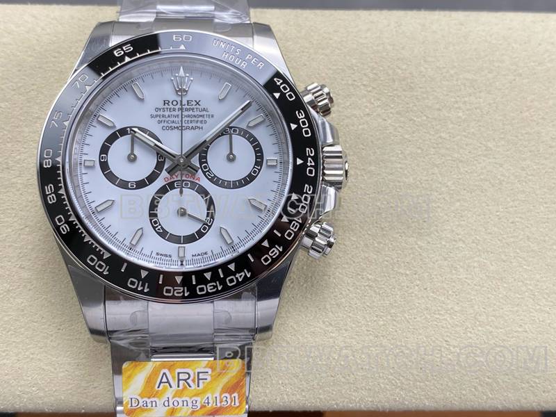 劳力士最优复刻手表ARF厂迪通拿白盘熊猫迪4131钢带款正面实拍图