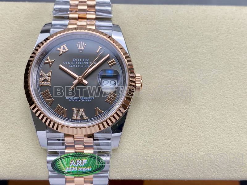 劳力士1:1复刻手表ARF厂日志型灰盘36mm间玫瑰金钢带款正面实拍图