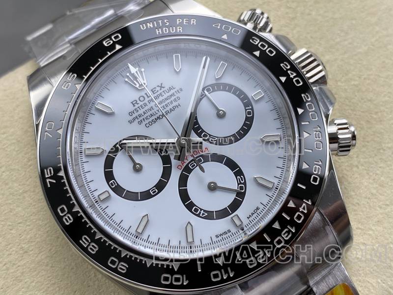 劳力士最优复刻手表ARF厂迪通拿白盘熊猫迪4131钢带款正面实拍图