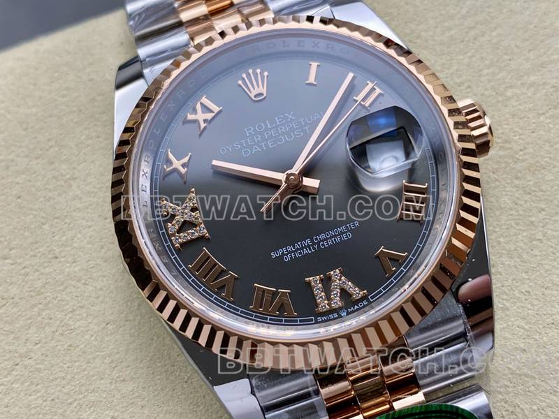 劳力士1:1复刻手表ARF厂日志型灰盘36mm间玫瑰金钢带款正面实拍图