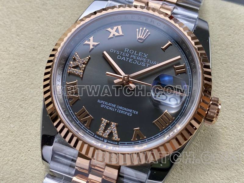 劳力士1:1复刻手表ARF厂日志型灰盘36mm间玫瑰金钢带款正面实拍图