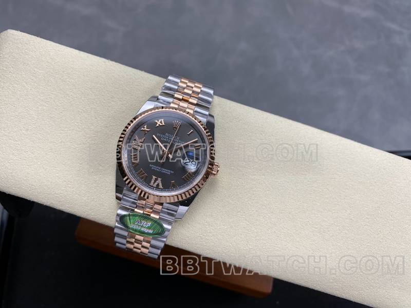 劳力士1:1复刻手表ARF厂日志型灰盘36mm间玫瑰金钢带款正面实拍图