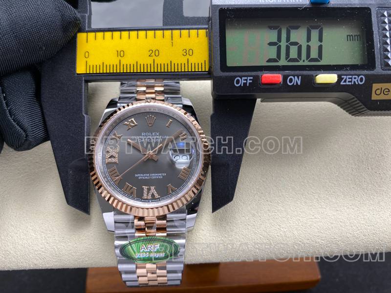 劳力士1:1复刻手表ARF厂日志型灰盘36mm间玫瑰金钢带款正面实拍图