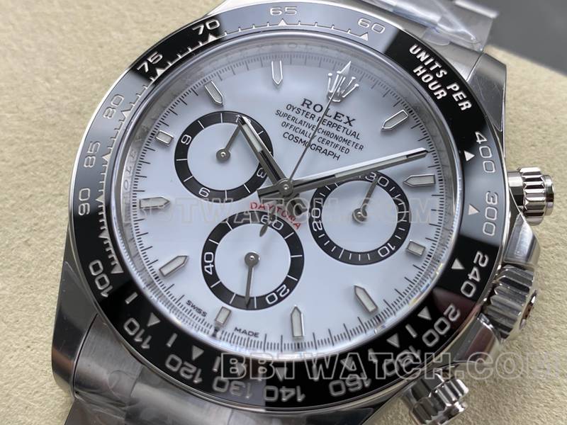 劳力士最优复刻手表ARF厂迪通拿白盘熊猫迪4131钢带款正面实拍图