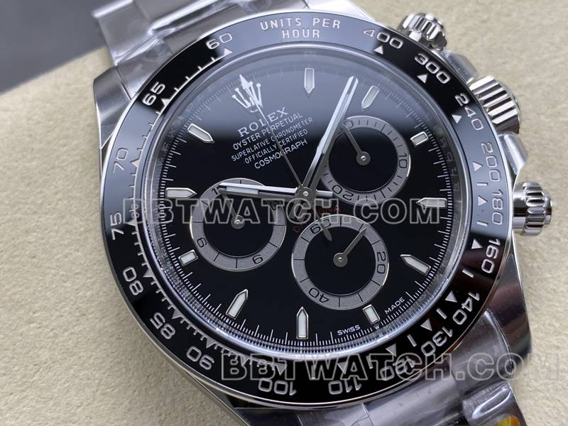 劳力士1:1复刻手表ARF厂迪通拿黑盘黑桃迪4131钢带款正面实拍图