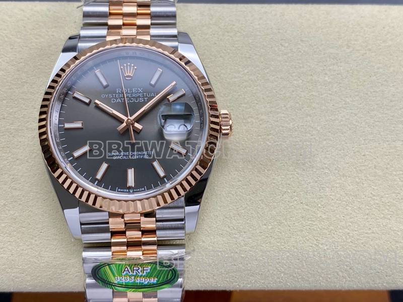 劳力士超级克隆手表ARF厂日志型灰盘36mm间玫瑰金钢带款正面实拍图