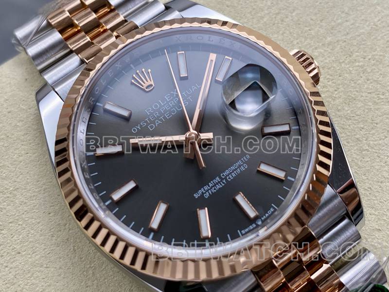 劳力士超级克隆手表ARF厂日志型灰盘36mm间玫瑰金钢带款正面实拍图
