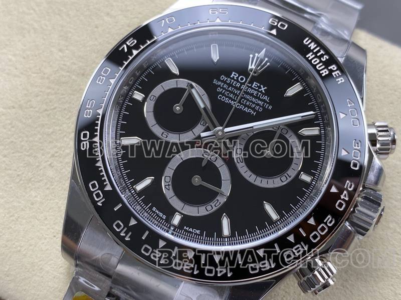 劳力士1:1复刻手表ARF厂迪通拿黑盘黑桃迪4131钢带款正面实拍图