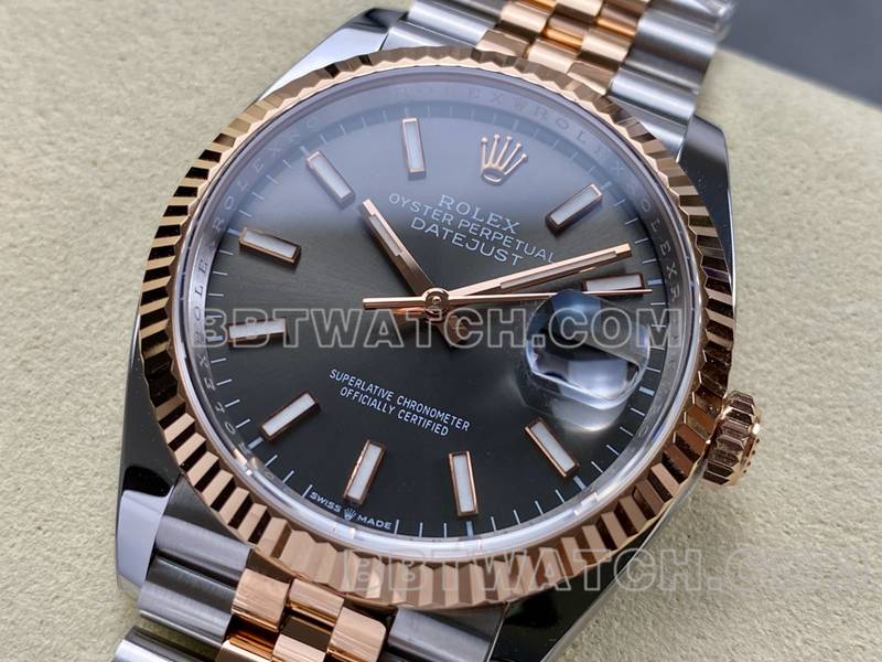 劳力士超级克隆手表ARF厂日志型灰盘36mm间玫瑰金钢带款正面实拍图