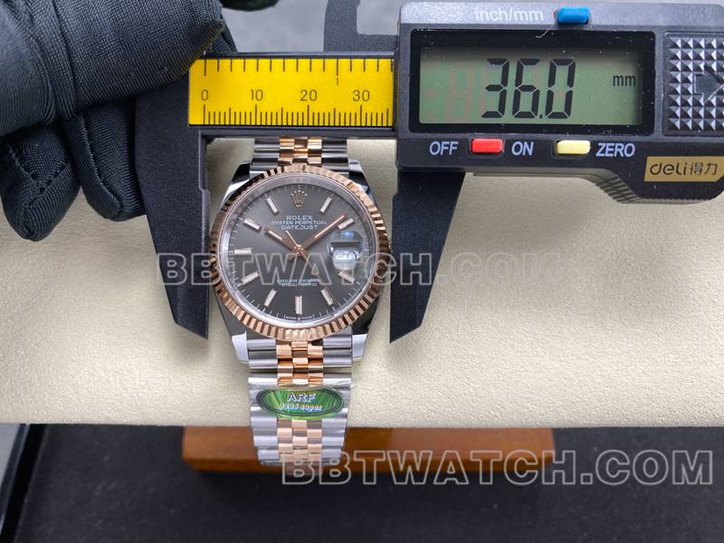 劳力士超级克隆手表ARF厂日志型灰盘36mm间玫瑰金钢带款正面实拍图
