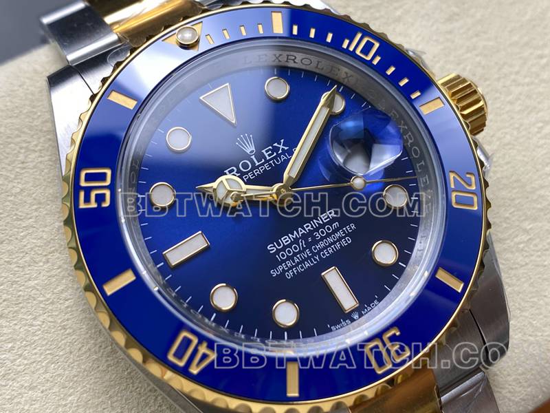 劳力士超级克隆手表ARF厂潜航者41mm间金蓝水鬼3235机芯正面实拍图