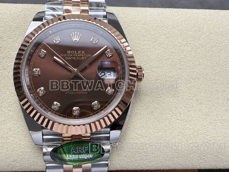 Rolex Top Replik Uhren ARF Fabrik log 41mm braune Scheibe 3235 zwischen Rose Gold Stahl Gürtel Modelle vorne echtes Bild