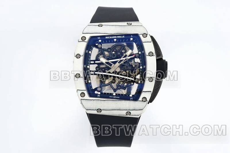 理查德米勒最佳复刻手表R厂镂空盘白壳黑色橡胶款RM061正面实拍图