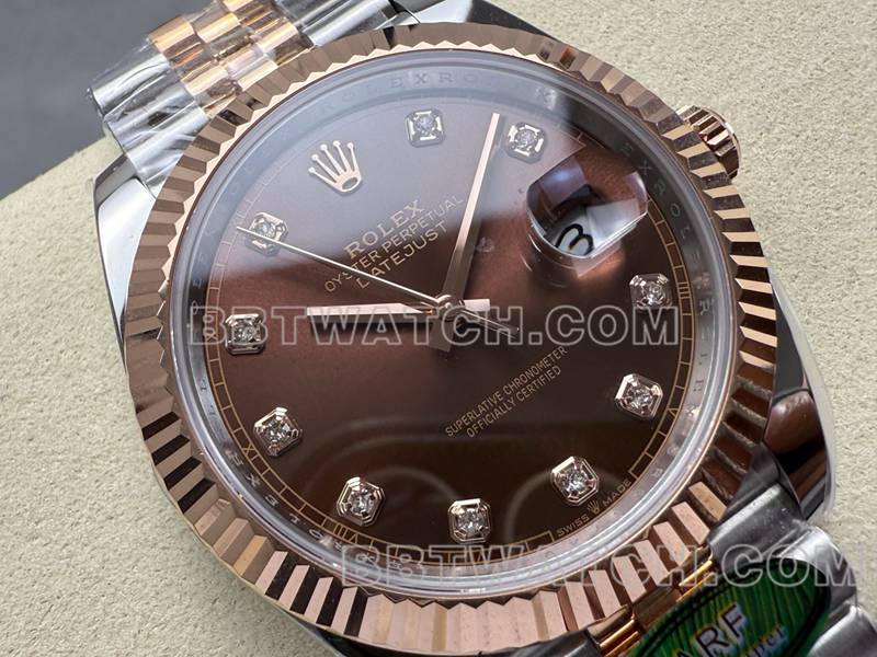Rolex Top Replik Uhren ARF Fabrik log 41mm braune Scheibe 3235 zwischen Rose Gold Stahl Gürtel Modelle vorne echtes Bild