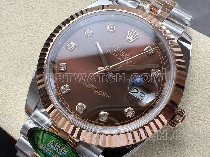 Rolex Top Replik Uhren ARF Fabrik log 41mm braune Scheibe 3235 zwischen Rose Gold Stahl Gürtel Modelle vorne echtes Bild