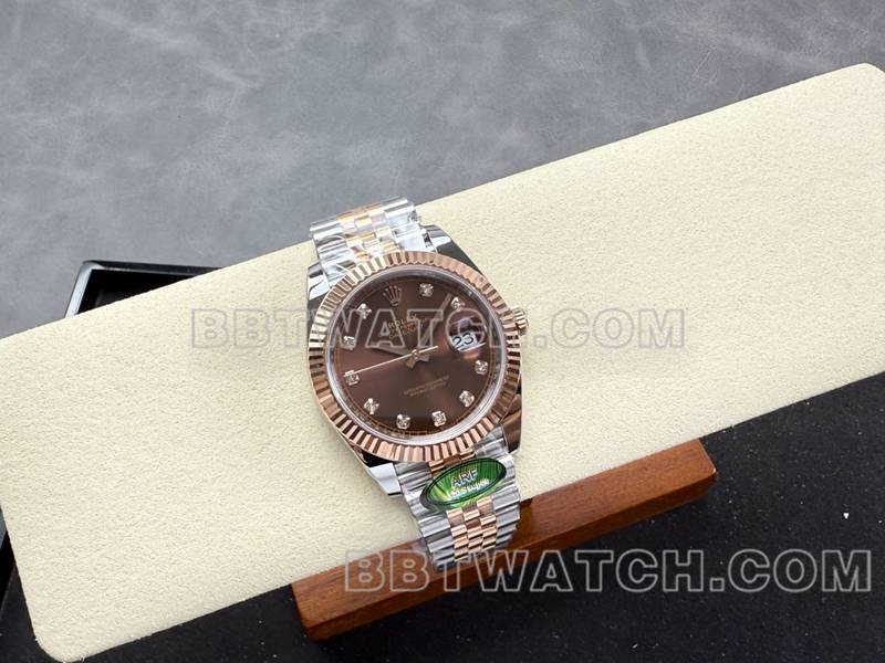 Rolex Top Replik Uhren ARF Fabrik log 41mm braune Scheibe 3235 zwischen Rose Gold Stahl Gürtel Modelle vorne echtes Bild