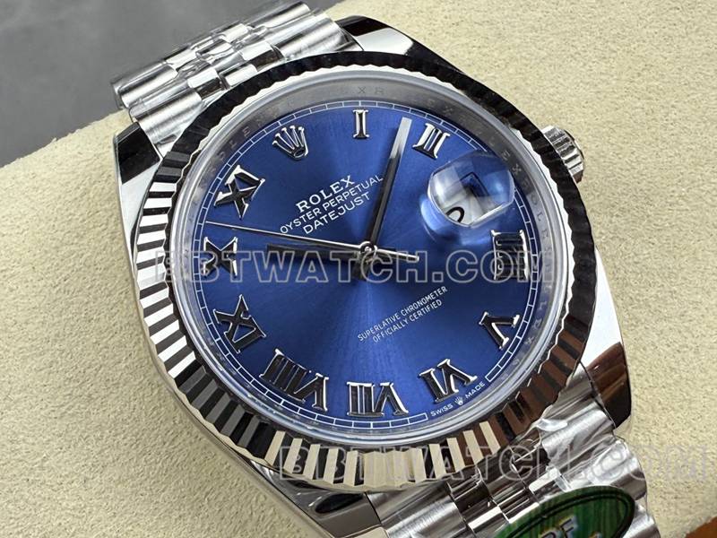 劳力士1:1复刻手表ARF厂日志41mm蓝盘罗马数字3235钢带款正面实拍图
