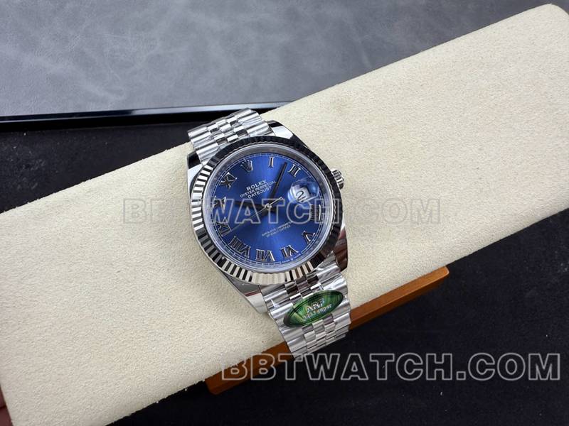 劳力士1:1复刻手表ARF厂日志41mm蓝盘罗马数字3235钢带款正面实拍图