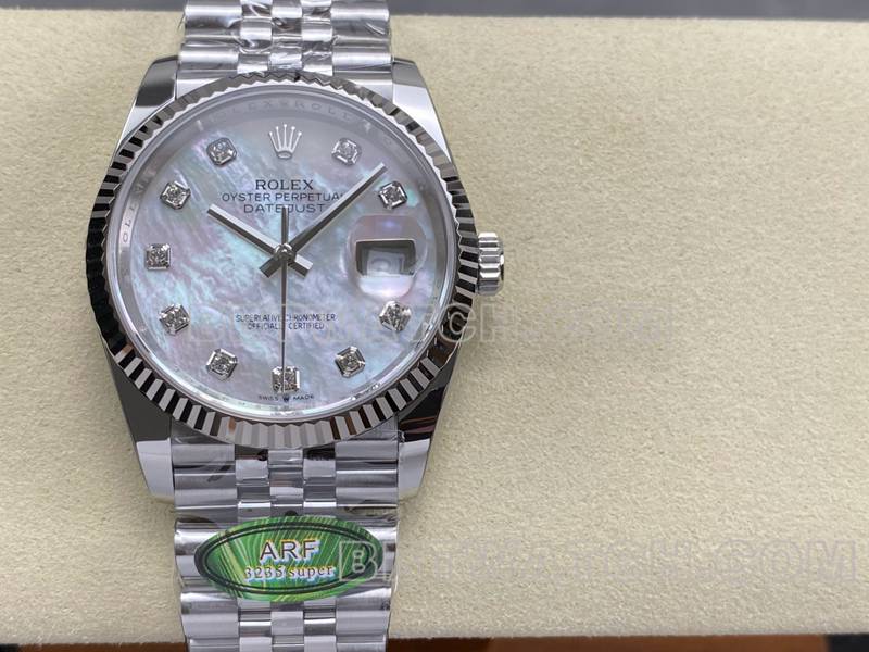 劳力士1:1复刻手表ARF厂日志型贝母盘36mm钢带款正面实拍图