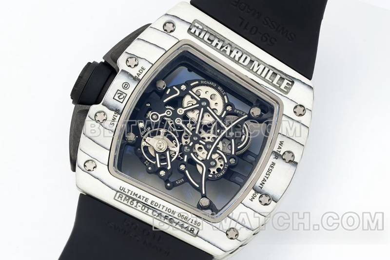 理查德米勒最佳复刻手表R厂镂空盘白壳黑色橡胶款RM061背面实拍图