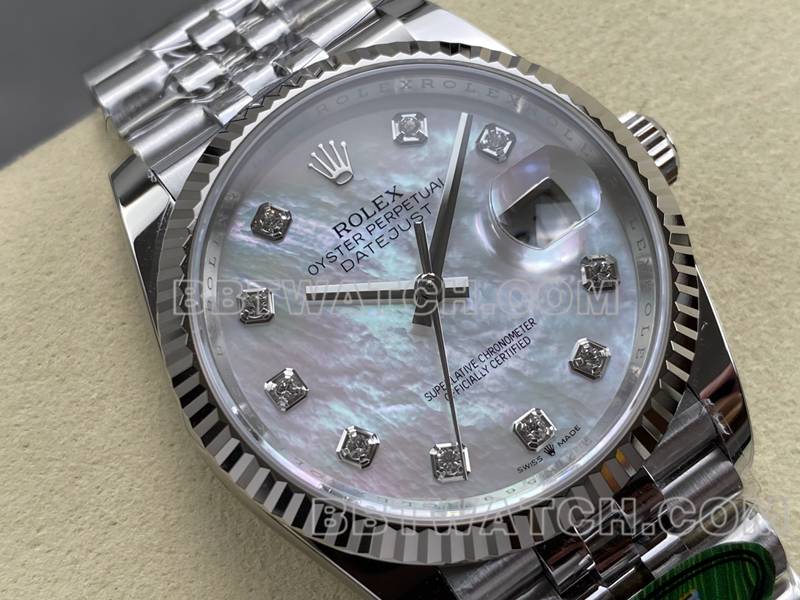 劳力士1:1复刻手表ARF厂日志型贝母盘36mm钢带款正面实拍图