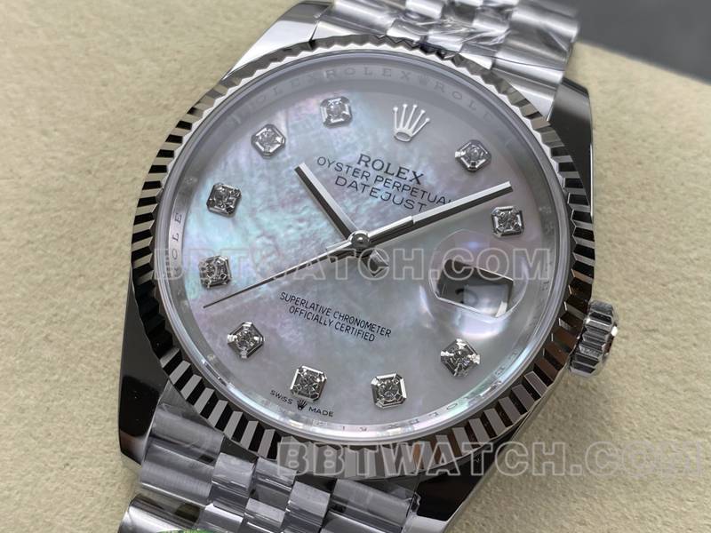 劳力士1:1复刻手表ARF厂日志型贝母盘36mm钢带款正面实拍图