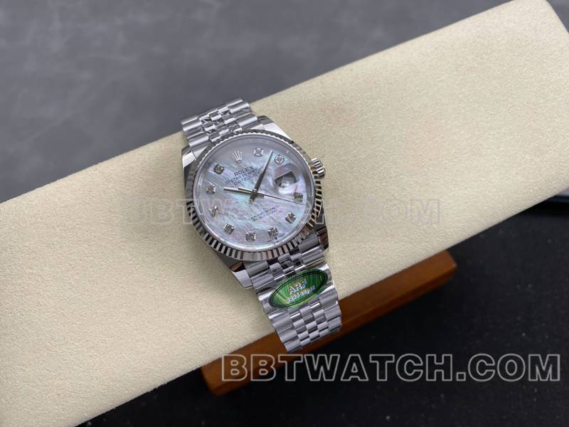劳力士1:1复刻手表ARF厂日志型贝母盘36mm钢带款正面实拍图