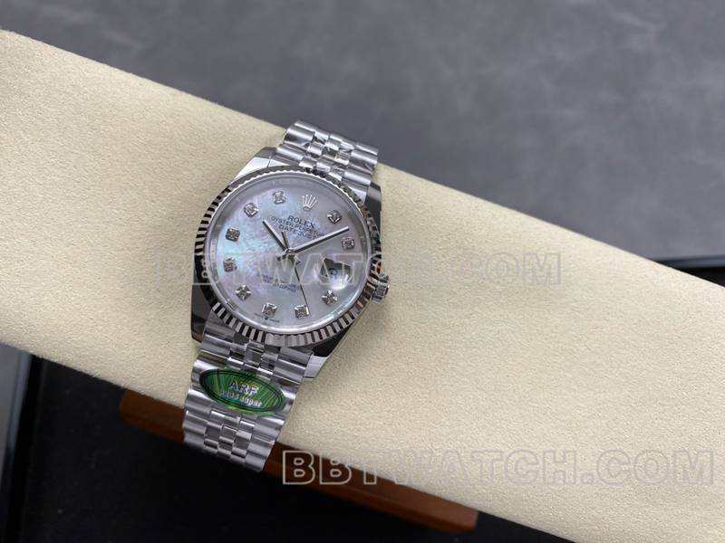 劳力士1:1复刻手表ARF厂日志型贝母盘36mm钢带款正面实拍图