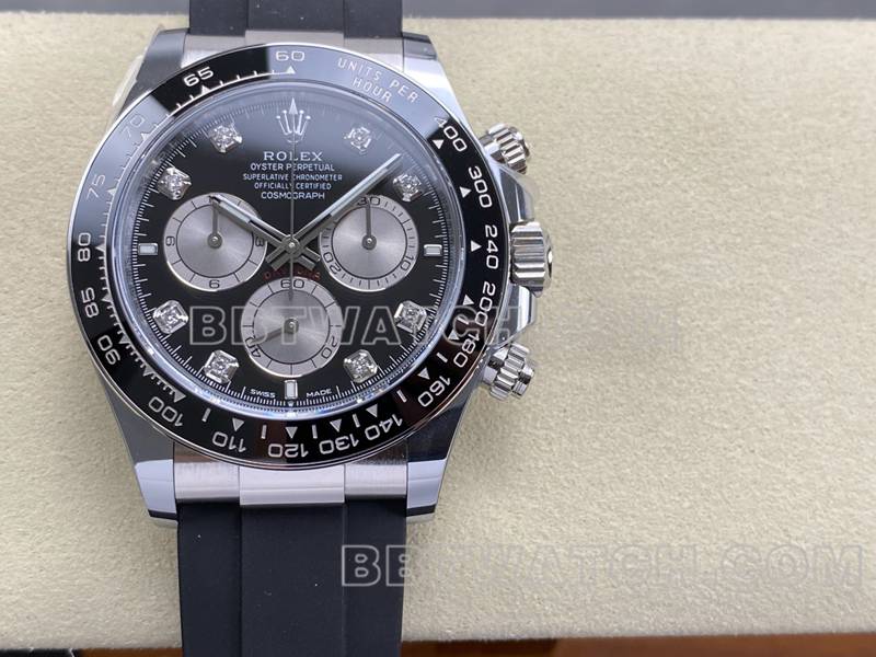 劳力士最佳复刻手表ARF厂迪通拿黑盘4131橡胶款正面实拍图