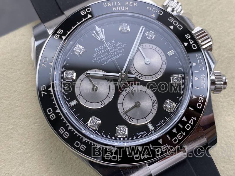 劳力士最佳复刻手表ARF厂迪通拿黑盘4131橡胶款正面实拍图