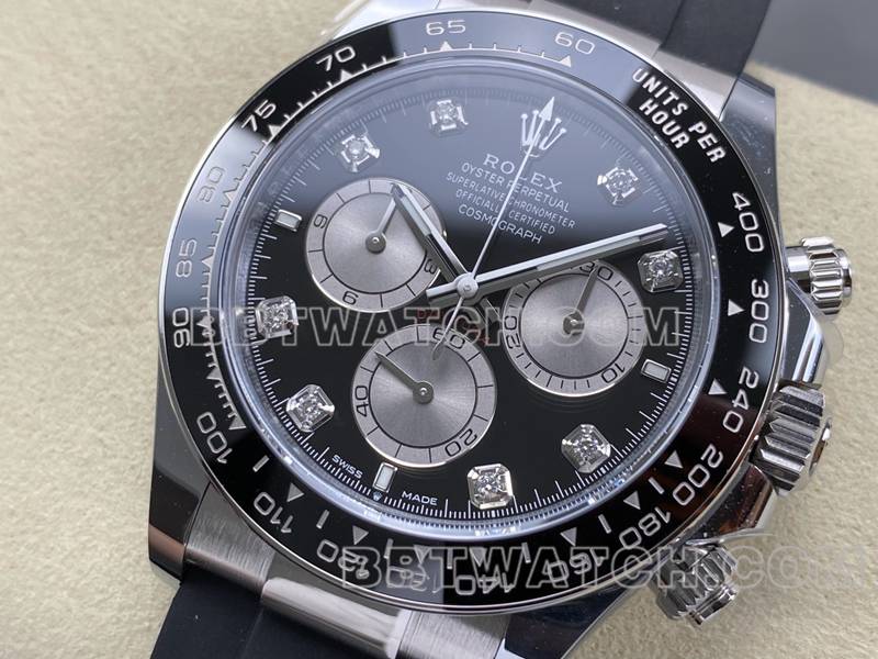 劳力士最佳复刻手表ARF厂迪通拿黑盘4131橡胶款正面实拍图