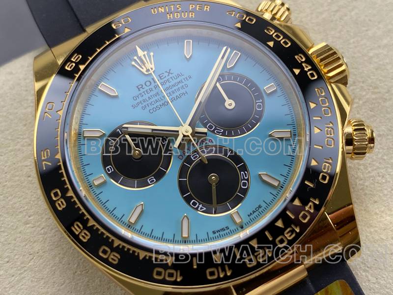 劳力士顶级复刻手表ARF厂迪通拿蓝盘黄金4131橡胶款正面实拍图