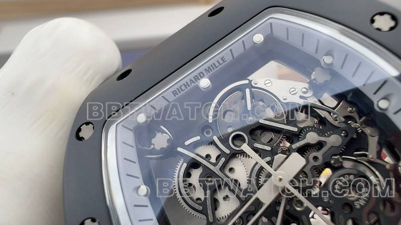 理查德米勒最优复刻手表R厂镂空盘黑色橡胶款RM055正面实拍图