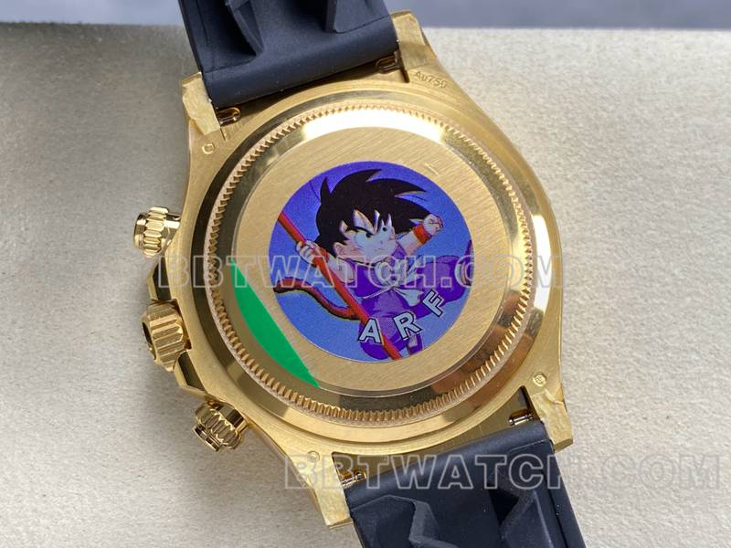 劳力士顶级复刻手表ARF厂迪通拿蓝盘黄金4131橡胶款背面实拍图