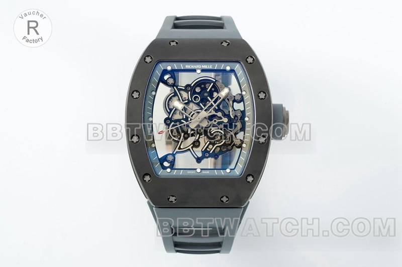 理查德米勒1:1复刻手表R厂镂空盘灰色橡胶款RM055正面实拍图