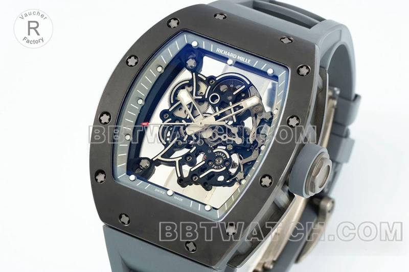 理查德米勒1:1复刻手表R厂镂空盘灰色橡胶款RM055正面实拍图