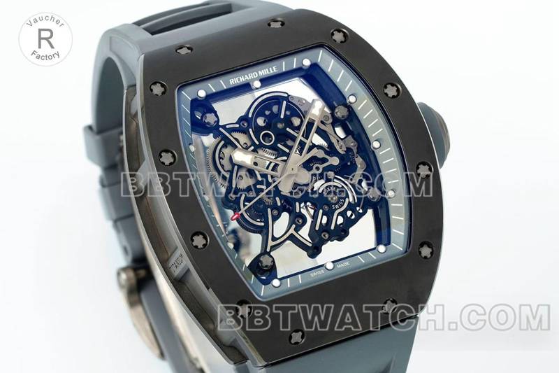 理查德米勒1:1复刻手表R厂镂空盘灰色橡胶款RM055正面实拍图