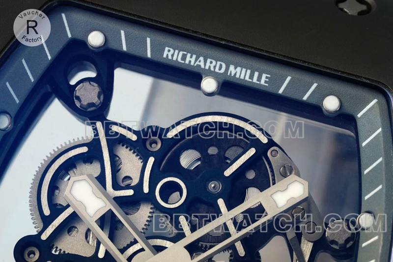 理查德米勒1:1复刻手表R厂镂空盘灰色橡胶款RM055正面实拍图