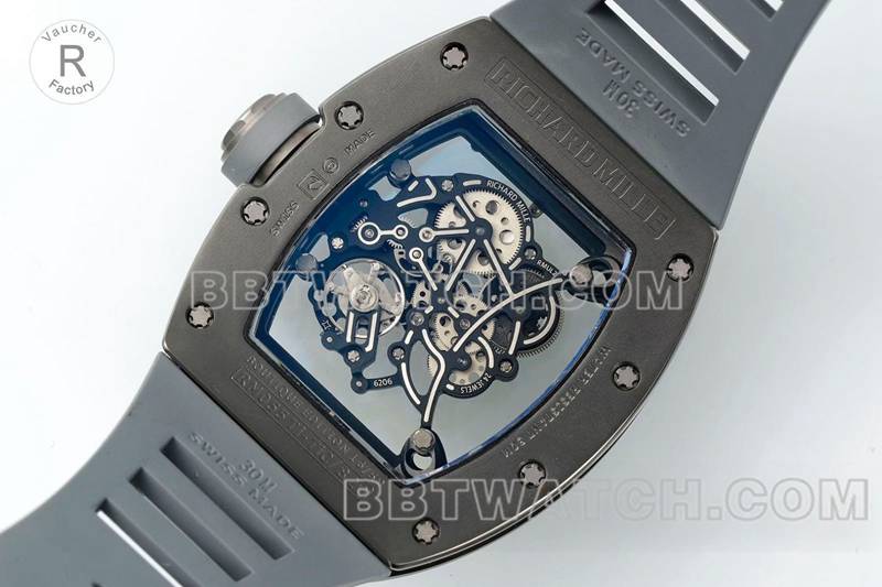 理查德米勒1:1复刻手表R厂镂空盘灰色橡胶款RM055背面实拍图